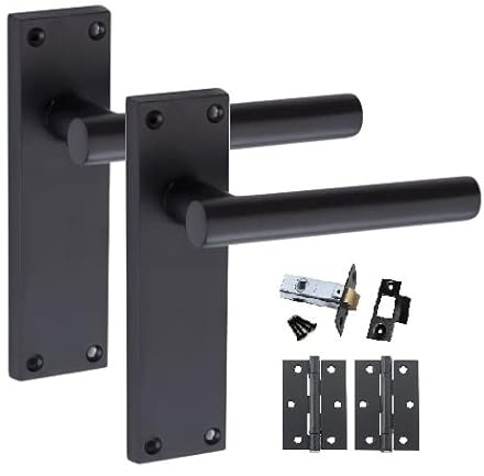 Golden Grace T-Bar Lever Backplate Door Handle Pack, Matt Black, 1 Set | Includes latch, lock, 3-inch ball bearing hinges, spindle and screws with sturdy 150mm x 40mm metal backplates.