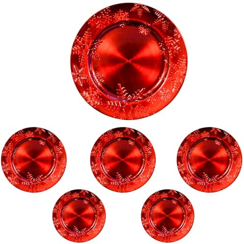 Generico Sottopiatti Rosso FIOCCO DI NEVE Bordo SPAZZOLATO, uso Decorativo in plastica Rigida Bordo RIGHE, Tondo 33 cm, Natale cenone sotto Piatto Natalizio Cenone Capodanno Aperitivo (6 e 12 pz) (6)
