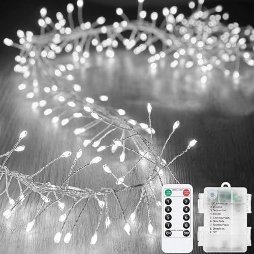 KINGCOO Guirnalda de luces de hadas de petardo con control remoto, 19.6 pies, 200 luces LED de alambre plateado, funciona con pilas, con temporizador para decoración de interiores y exteriores, boda,