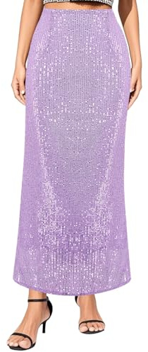 Naimo Damenrock mit Pailletten, hohe Taille, Bodycon Maxirock mit Schlitz A-Linie, elegant, Cocktail-Party, langer Rock, violett, M