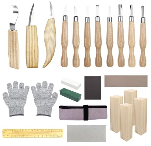 Traxenta Couteau Sculpture Bois Set, Lot de 25 Outils Sculpture Bois, 11 Couteaux de Sculpture Sur, Outil de Ciseaux à Bois Kit, DIY Outils de Sculpture, pour Débutants Professionnels Sculpteurs