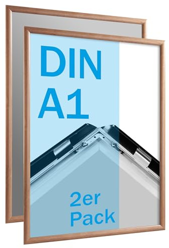 SPRINTIS Klapprahmen A1 aus Aluminium, Rahmen in heller Holzoptik, 2 Stück Plakatrahmen mit 2,5 cm Rahmenbreite, inkl. UV-Schutzfolie & Befestigungsmaterial