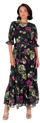 Lovedrobe Midaxi damklänning, kort puffärm, rund hals, blommig chiffong, volang, nivåer, botten, fåll, A-linje, tillfälle, svart 10, Svart, 36 SE