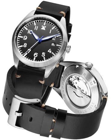 Boyarca Herren-Pilotenuhr - Japanisches automatisches Uhrwerk - Edelstahlgehäuse - Fliegeruhr mit wasserdichter Beleuchtung, Schwarz A, Japanisch