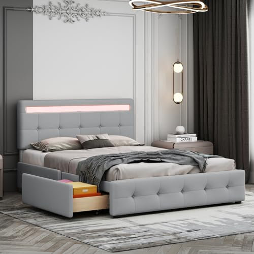 KeepGoon Polsterbett 140 x 200 cm mit LED,Lattenrost & Bettkasten auf Rollen,Einzelbett mit Kopfteil & 4 Schubladen, hautfreudliches Leinen-Oberfläche Jugendbett Doppelbett (ohne Matratze) (grau)