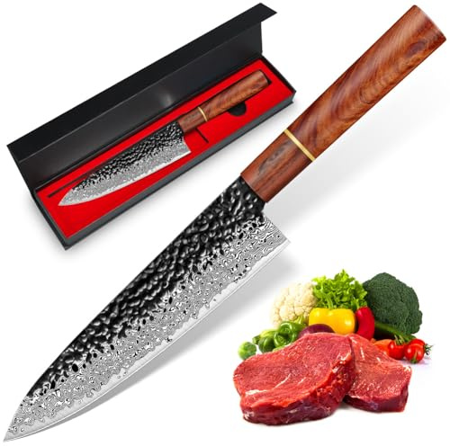 BILLION DUO Professional Kitchen Knife, Sharp Damacus Chef Knife, Damacus Steel Blade, Rosewood Handle, Chopping Cooking Knife for Meat, Fruits, Vegetables, Gift Box