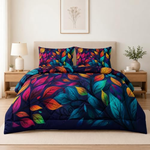 buyluhn Bettdecke 135x200 4 Jahreszeiten, Bunt Blätter Steppdecke Leicht Microfaser Ganzjahresdecke Blatt Bettdecke Ohne Bezug Nutzbar Waschbar Schlafdecke mit 2 Kissenbezug 80x80cm