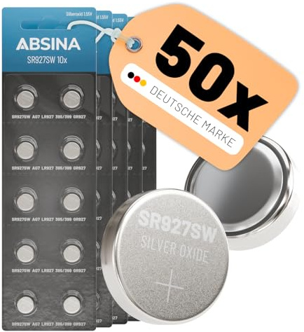 ABSINA Pile SR927SW Bouton pour Montre 1,55V oxyde d'argent | Lot de 50 - pile SR927W pour montre 395/399 / AG7 / LR927 - piles étanche et longue durée