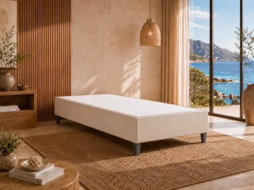 Best For Home BoxspringbettGestell 100x200 | Gepolsterter Bettrahmen ohne Matratze | Modernes Einzelbett mit 12 cm hohen Holzfüßen | Wasserfestes & Strapazierfähiges BoxspringrahmenBett