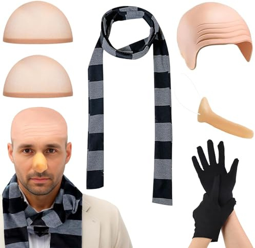 7 Pcs Adults Costume Accessories Set Halloween Cartoon Cosplay Costume Accessories With Latex Bald Head Wig Cap Black Gray Striped Scarf Fake Long Nose, Glove For Halloween Role Play Party Supplies
