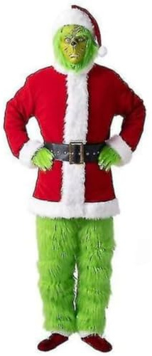 Grinch Kostüm Für Erwachsene 7 PCS Grinch Weihnachtsmann Outfit Grünes Monster Halloween Weihnachtsanzug Mit Maske Und Weihnachtsmütze Cosplay Requisiten M