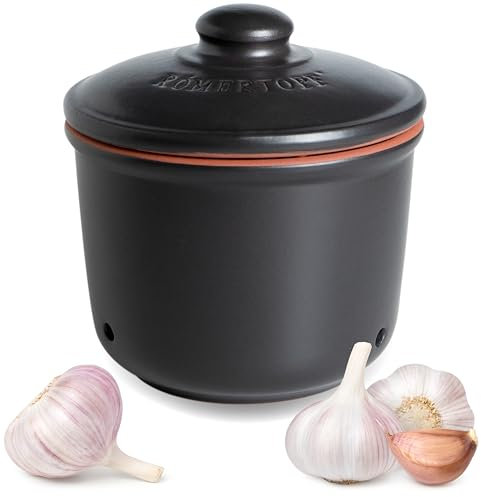 Romertopf Frische-Topf MINI 0,6 Liter - Knoblauchtopf Keramik - Atmungsaktiver Ton hält Gemüse länger Frisch - Ideale Luftzirkulation - Schwarz