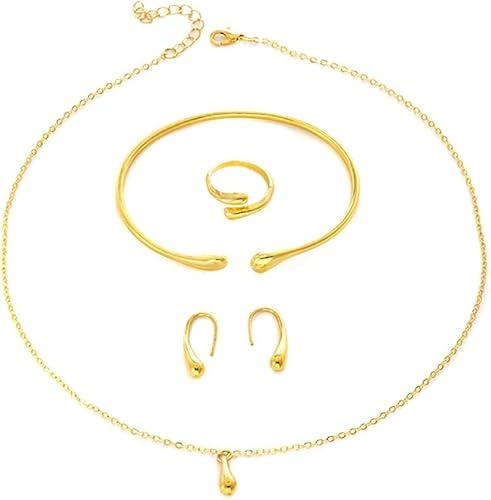 FDEETY 4 Stück Schmuckset Tropfenform Goldoptik Halskette Armreif Ohrringe Ring Damen Schmuck
