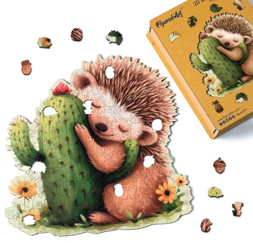 Figured'Art Puzzle in Legno di Animali per Adulti e Bambini, 200 Pezzi - Riccio e Cactus - Design Originale 28,2x28,5 cm Forme Uniche, Confezione Premium in Legno, Idea regalo