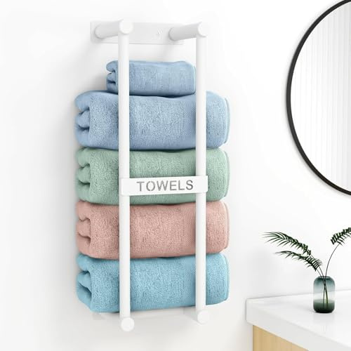 STWWO Porte Serviette Murale 56cm Blanc Porte-Serviettes Salle de Bain Range Serviettes pour Serviettes Roulées Support Rangement de Bain, Métal