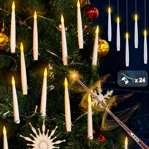 Rhytsing 24 Flameless Clip On Candles with Magic Wand Remote for Christmas Tree, Battery Operated Hanging Candles with Fishing Line, Floating Candle with Timer for Halloween