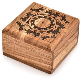 Indus Lifespace Schmuckkästchen aus Akazienholz – dekorative Vintage-Aufbewahrungsbox – antik für Andenken, Vatertag, Muttertag, Jubiläen (10,2 x 10,2 x 6,3 cm)