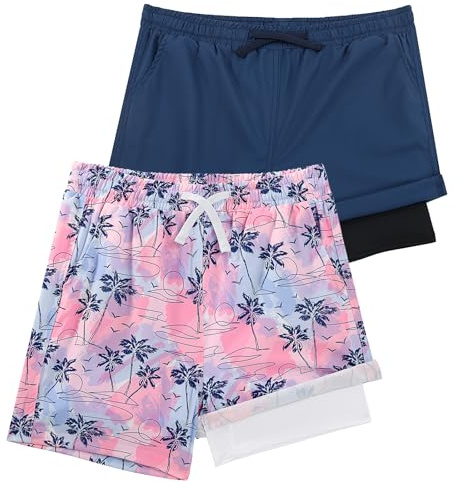 LACOFIA 2-delad baddräkt för pojkar, 2-i-1 badshorts för barn med kompression, boxershorts, sim-/strand-/surfshorts, elastisk midja, snabbtorkande för 2–14 år, Marinblå + rosa, 13-14 ans