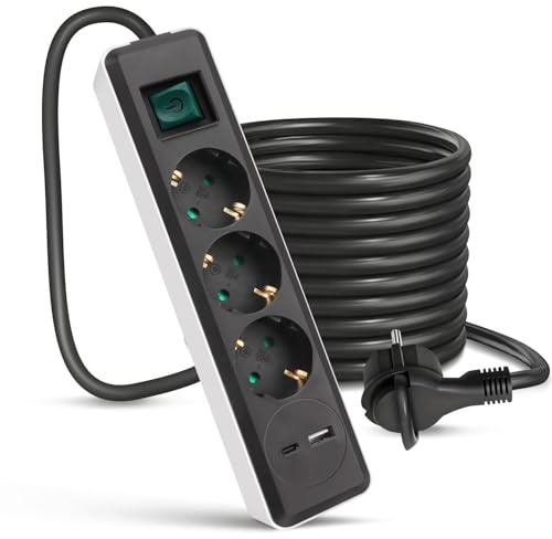 EXTRASTAR 3 Fach Flachstecker Steckdosenleiste mit USB C (PD 20W) & USB A | Mehrfachsteckdose Flacher Stecker mit Schalter & Kindersicherung, 3M Kabel 3G1.5mm², Schwarz + Weiß