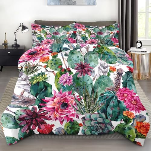 Pamnest Comforter Set Queen Size, Vintage Boho Cactus Soft Bedding for Kids and Adults, Succulent Flower Botanical Comforter Set with 2 Pillowcases for Bedroom Bed Decor