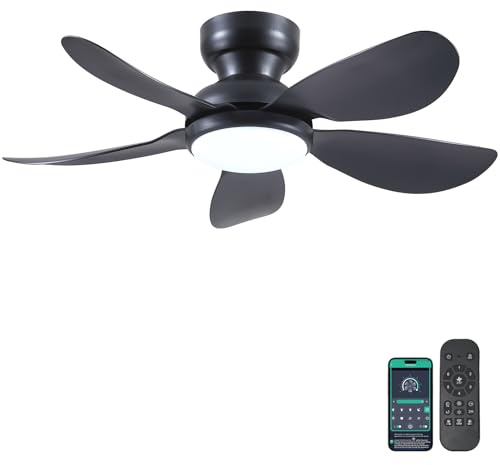 Kviflon 36 Inch Modern Ceiling Fans with Lights, Flush Mount Ceiling Fan with Light and Remote/APP Control, 5 Reversible 6 Speeds Curved Blades, 3 CCT Dimmable Lights for Bedroom, Black