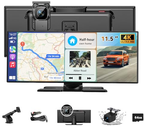 kuayvan 11.5 Zoll Carplay Display Android Auto Display,4K Car Play Kabelloses Carplay Android Auto Bildschirm mit siri/GOO-gle,Navigation,Bluetooth,AUX/FM,Dash Cam,Rückfahrkamera,Mirror Link