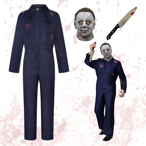 Shinybox Halloween Horror Costüm, Halloween Kostüm Gruselig Horror Killer Cosplay Kostüm mit Gruselmaske und Blutig Plastik Spielzeugmesser für Karneval Cosplay(L)