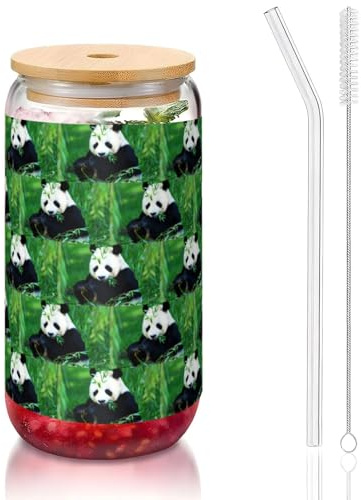 YBGHDAA Panda Printing - 1 vaso con tapas y pajita, vasos de vidrio de 473 ml, ideal para whisky, cerveza y té