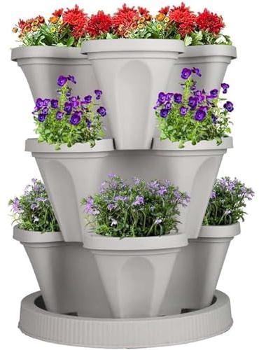 Fioriera impilabile a torre per fragole, 6 ripiani, in plastica resistente, con sottovaso, per uso esterno, ideale per erbe, fiori e verdure, soluzione salvaspazio da giardino