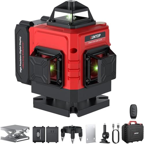 XUNTOP Laser Wasserwaage Selbstnivellierend Kreuzlinienlaser Grün Laser 16 Linienlaser 360° Projektionswinkel IP54 Horizontal/Vertikal Mit Fernbedienung und Wandhalterung für Baustelle Heimwerker