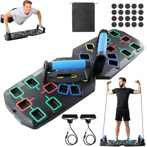 24 in 1 Push Up Board, Capacità Carico 150kg, Tavola per Flessioni con Rivestiento silicone, 2 Corda Tensione, 20 Cuscinetti Adesivi, Sacca, Palestra Multifunzione Professionale, Fitness Attrezzi Casa