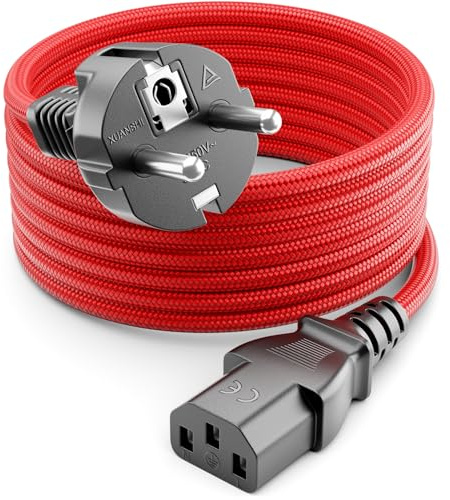 deleyCON 10m Câble Appareil Froid - Câble Nylon - Cordon Alimentation électrique 3 Pôles Fiche Contact Protection (Type F vers Prise C13) PC Ordinateur Moniteur Imprimante Projecteur - Rouge