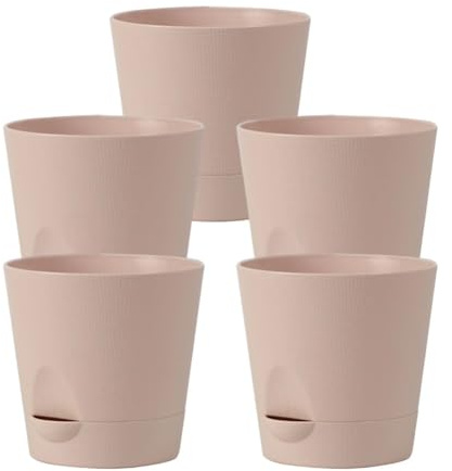 Vilgftyiet Lot de 5 pots de fleurs en plastique à auto-arrosage avec trous de drainage pour plantes succulentes - Pour intérieur et extérieur - Diamètre de 14 cm - Kaki/bleu/rose