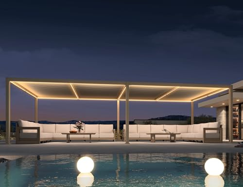 PURPLE LEAF Pergola Bioclimatica in Alluminio 3,5 × 8,5 m con LED, Pergola Giardino Esterno con Lame Orientabili, Resistente alle Intemperie, Anti-UV e Impermeabile, per Grandi Terrazze, Champagne