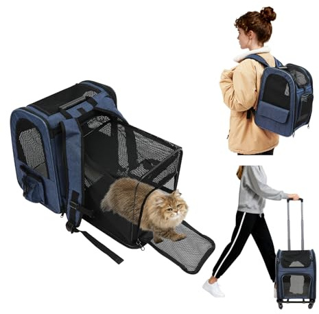 Transportlåda katt med hjul, hundtransportlåda, kattryggsäck med vagn, 2-i-1 transportlåda för stor katt och små hundar med ventilerande nät, husdjursryggsäck upp till 15 kg (blå)