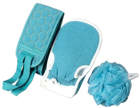 NiuLumea 3-teiliges Körperpeeling-Set mit Badehandschuh, Duschbürste und Peeling-Schwamm, Rückenreinigung und sanftes Peeling, Blau