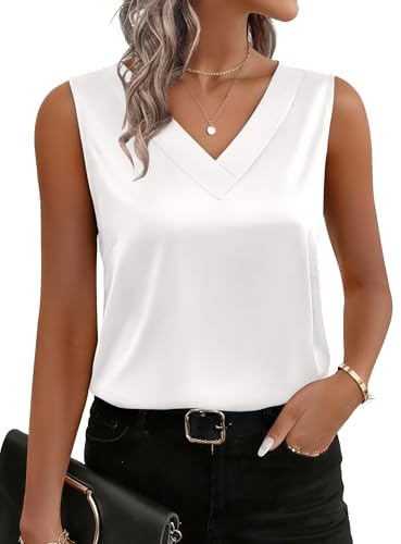 Zeagoo Ladies Satin Tops Vest V Neck Silk Shirt Women Summer Top White M