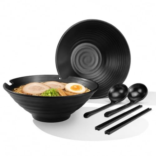 LEHOTPIA Ramen Bowl Set 2 Pieces Japanese Re-Usable Plastic Bowls 1000ml | Noodle Bowl with Chopstick Spoon, Large Noodle Bowl for Pasta Soup Salad Fruit Birthday