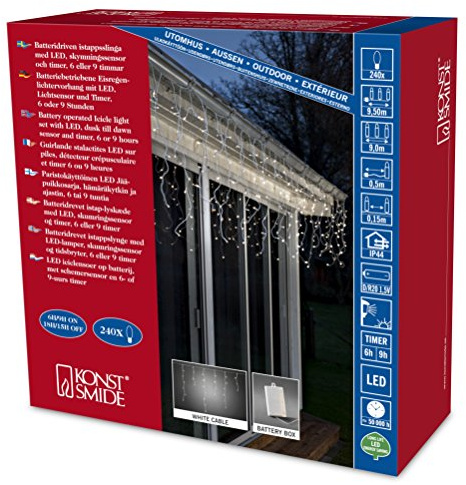 Konstsmide LED Eisregen Lichtervorhang, mit Lichtsensor und 6h und 9h Timer, 240 warm weiße Dioden, batteriebetrieben, Außen (IP44), weißes Kabel, 4 x D 1.5V (exkl.) - 3738-102