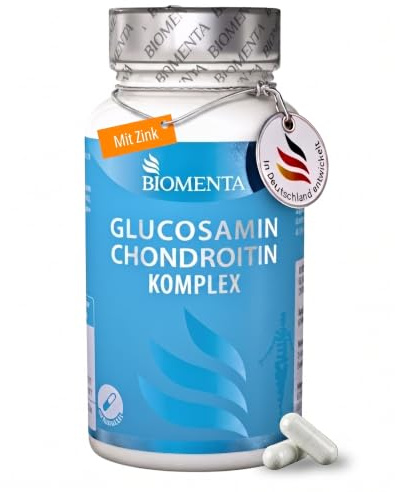 BIOMENTA Glucosamin Chondroitin Komplex I 60 Kapseln mit Hyaluronsäure, Zink & Selen I Nahrungsergänzungsmittel ohne Zusätze I Laktosefrei & glutenfrei I Laborgeprüfte Qualität