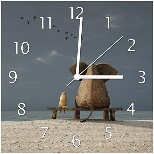 Wallario Design-Wanduhr Elefant und Hund sitzen auf Einer Bank aus Glas, Motiv-Uhr Größe 30 x 30 cm, weiße Zeiger