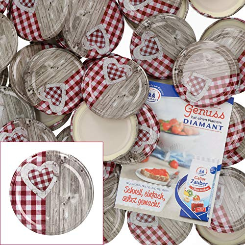 50er Deckelset TO82 Holz-Herz rot-weiß I Twist-Off-Deckel für Sturzgläser I Rundrand I Einkochen & Konservieren I passend für 230ml/350ml/435ml