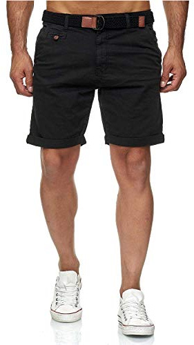 Indicode Conor - Pantalones cortos chinos para hombre, con cinturón, 100% algodón, bermudas de corte regular negro XXL