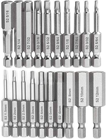Gasea 20pcs Hex Head Allen Wrench Drill Bit Set, Magnetic Screwdriver Bits with 1/4 Hex Shank Quick Release, S2 Steel Metric & SAE Drill Driver Bit Kit