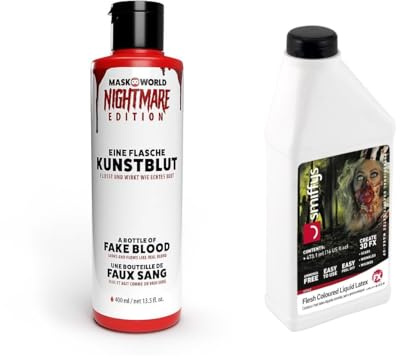 Maskworld Horror Schmink Flaschen Make-Up Set XXL - Kunstblut (400 ml) und Latexmilch (470 ml) für großflächige Horror Effekte und Halloween Dekoration