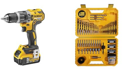 DEWALT - Perceuse Visseuse à Percussion Compact Brushless XR 18V Li-Ion 5Ah - 2 Batteries/Chargeur - 2 Vitesses (0-550/2000 tr/min) - 420W & Coffret de 100 Pièces de Perçage et Vissage
