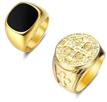 ADRAMATA Anello con Sigillo da Uomo Largo, Acciaio Inossidabile, Smalto Nero e Croce Religiosa e Corona Intagliata, Tono Oro Vintage Hip Hop Rock Anello Fidanzamento Anello di Amicizia per Uomo