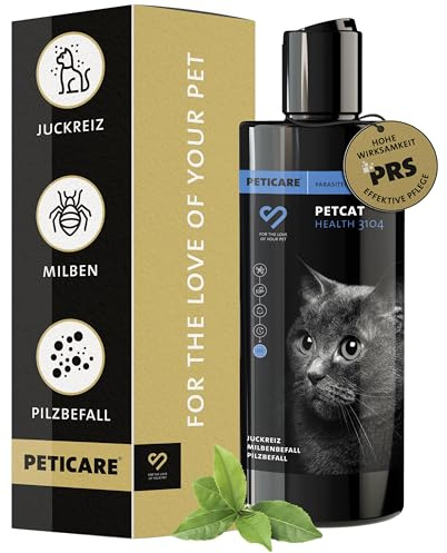 Peticare Anti-Parasiten Katzen-Shampoo | gegen Milben Flöhe Pilze | lindert effektiv Juckreiz & unterstützt Regenerationsprozess | einzigartiges PRS® System für Lange Wirkung – petCat Health 3104