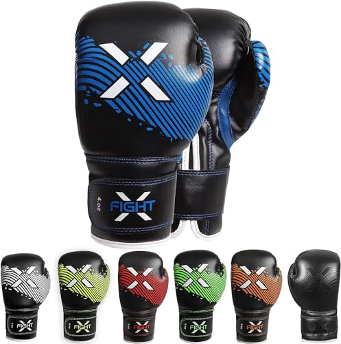 FightX boxningshandskar för barn, junior, 113 g, 170 g, träning, boxningshandskar för flickor och pojkar, kämpe, boxningshandskar, MMA PU-läder, sparring, boxningshandskar, set för barn (blå, 6 oz)
