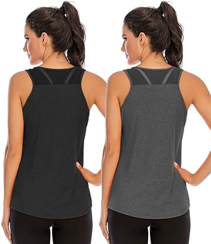 Nekosi Laufshirt Für Damen Atmungsaktives Netz Rücken Sportshirt Mädchen Yoga Training Jogging Sport Tops Schwarz Grau M, 2er Pack